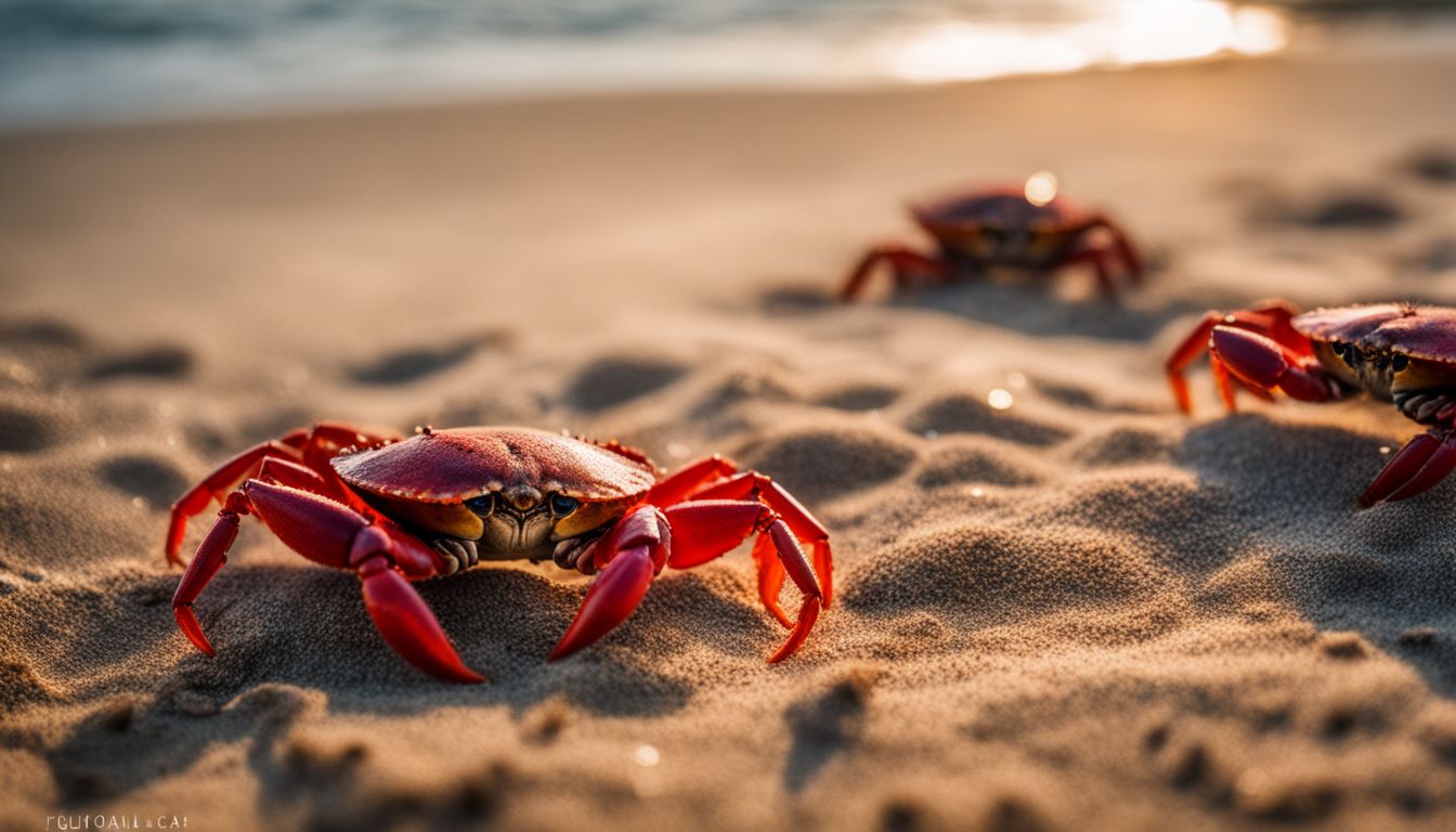 A photo of Red crabs crawling on a sandy beach at Kuakata Sea Beach.