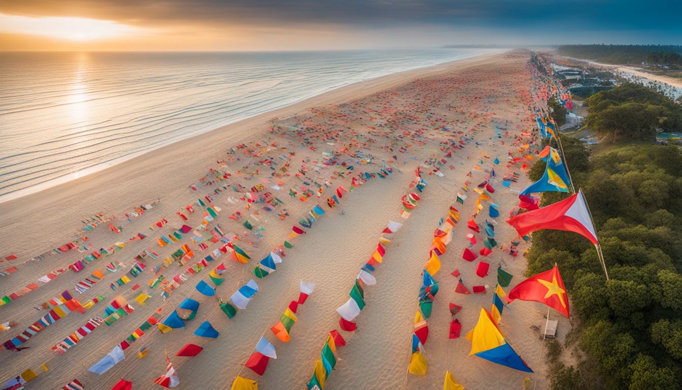 Aerial view of vibrant religious flags and decorations along the sandy shores of Kuakata beach.