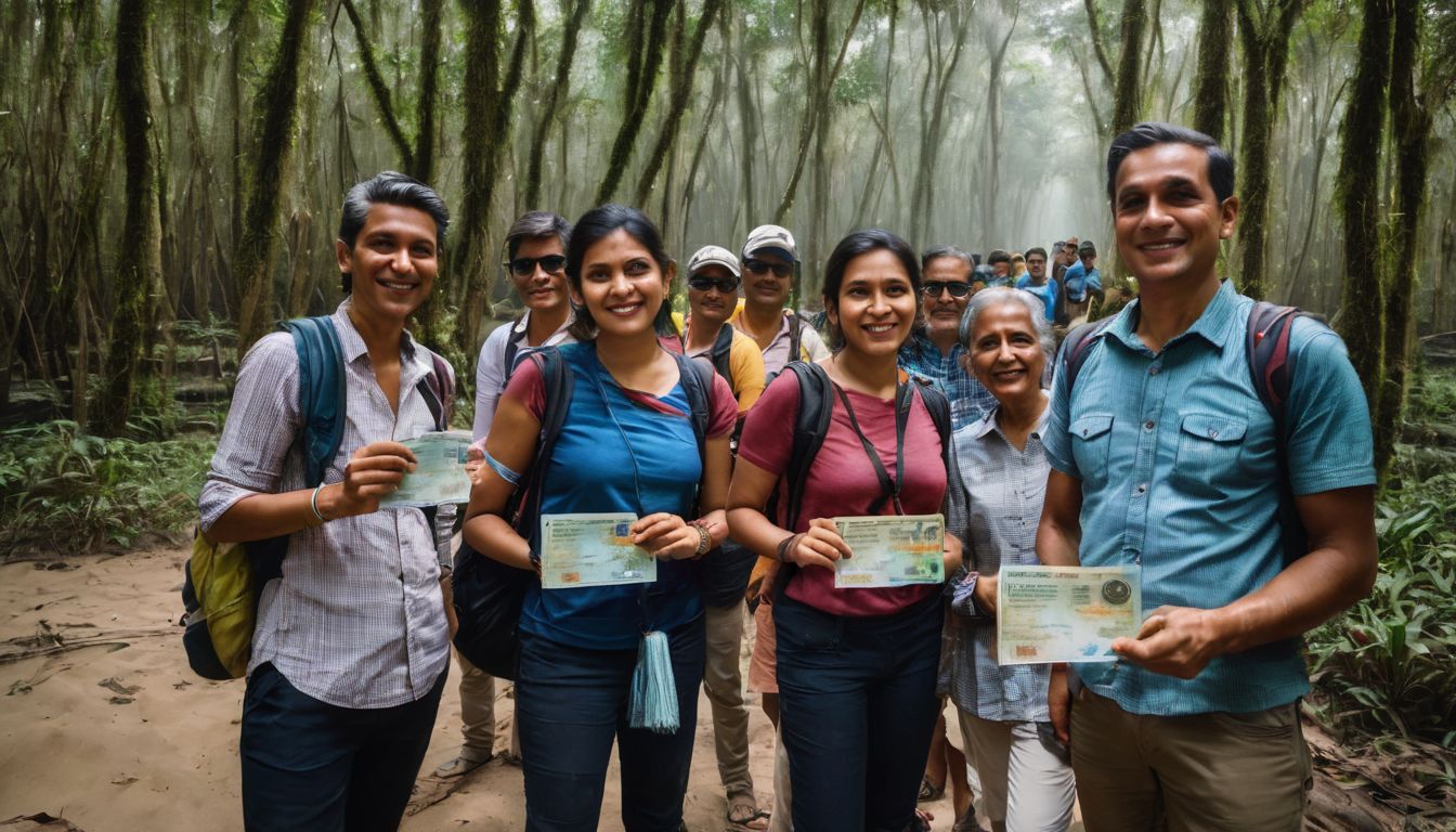 A group of diverse tourists stand in front of the entrance to Ratargul Swamp Forest, ready to explore.
