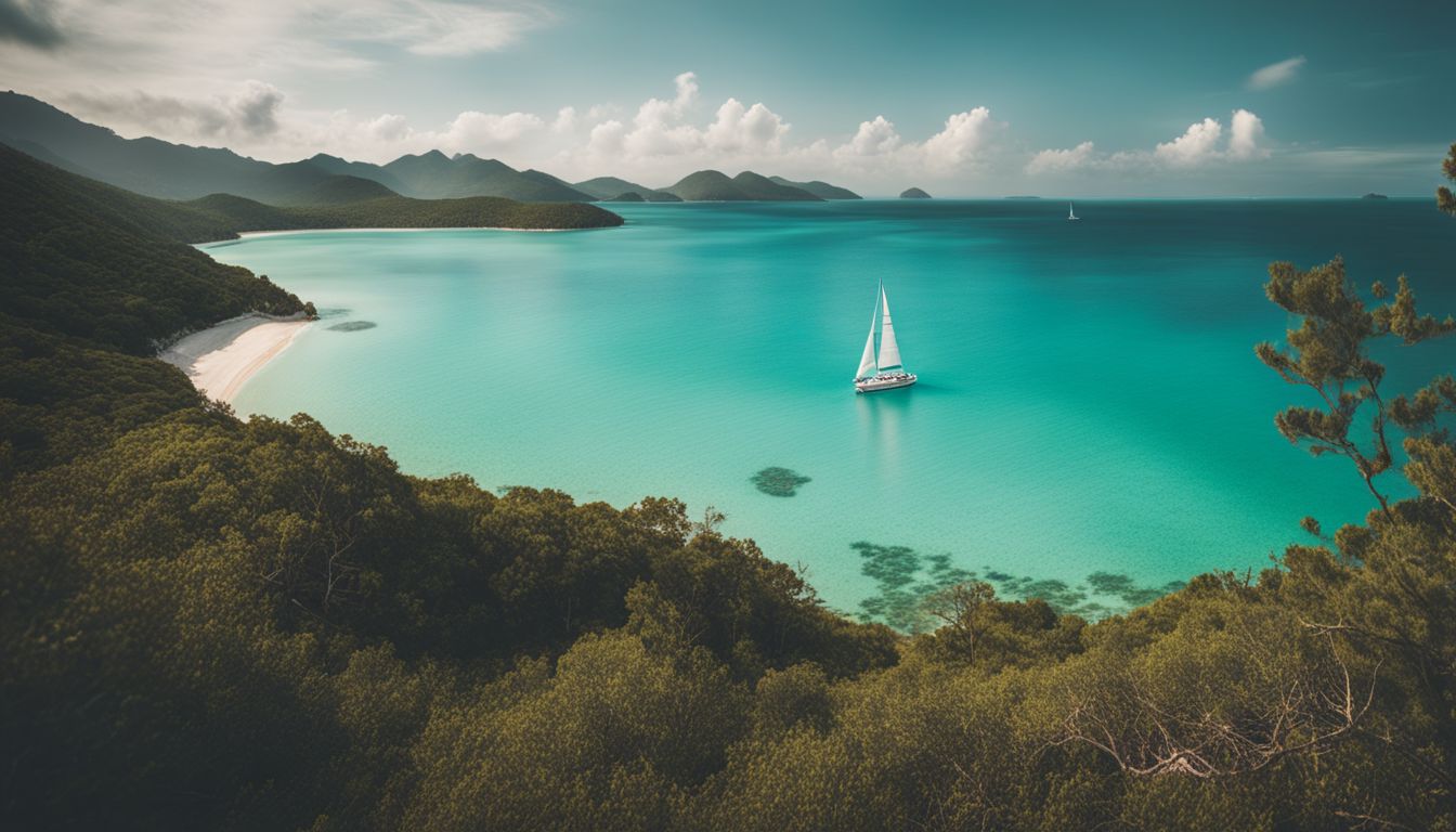 A vibrant photograph capturing the stunning turquoise waters of Saint Martin's Island with a lone sailboat on the horizon.