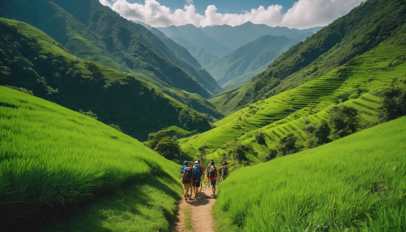 A diverse group of tourists explore the lush green trails of Sajek Valley in a bustling atmosphere.