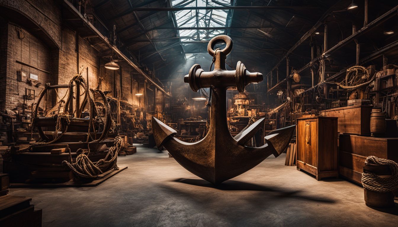 A vintage ship anchor is displayed in a warehouse surrounded by nautical artifacts, creating a bustling atmosphere.