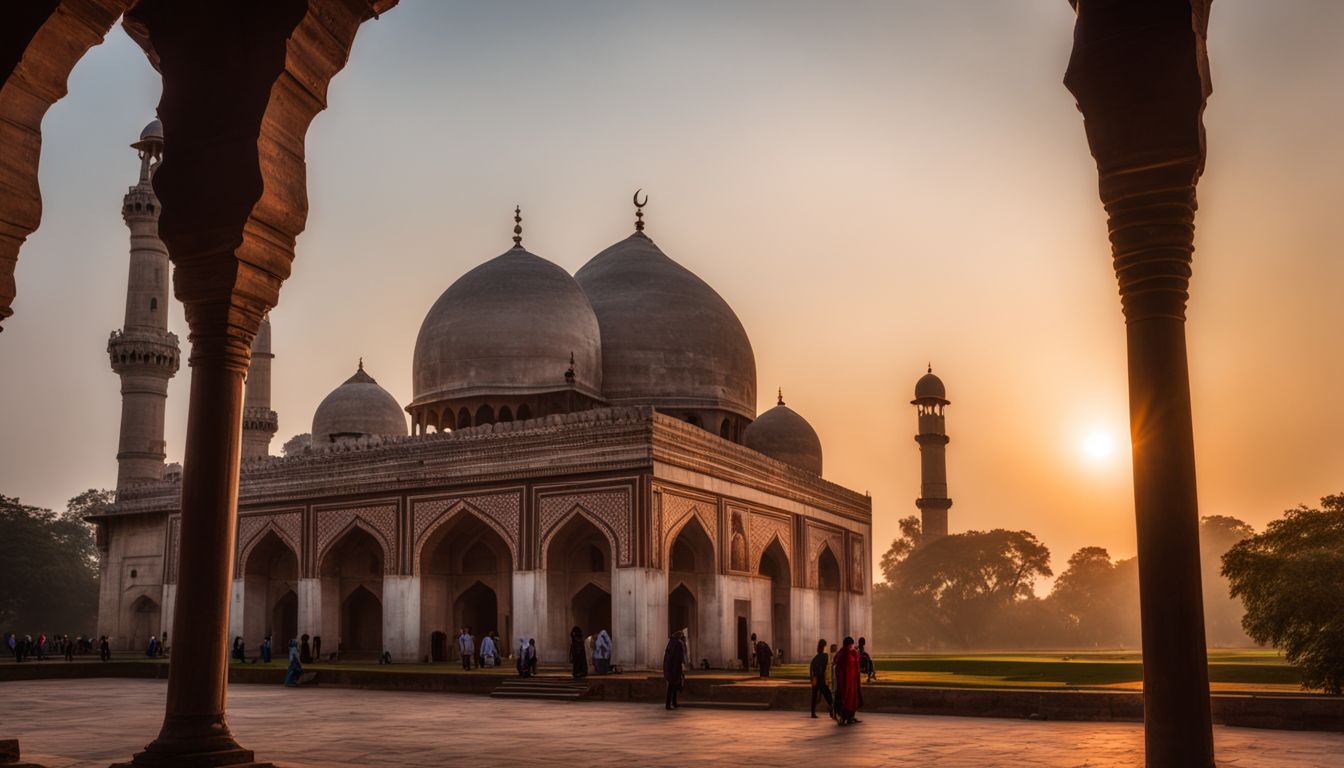 A photo of a mosque with the sun setting behind it, depicting a bustling atmosphere and diverse individuals.