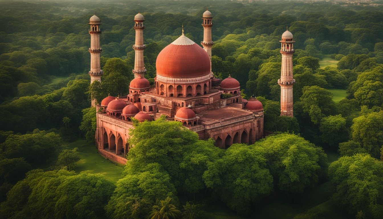 A photo of The Shait-Gumbad Mosque with its 77 red brick domes, surrounded by lush greenery, showcasing its architectural beauty and bustling atmosphere.