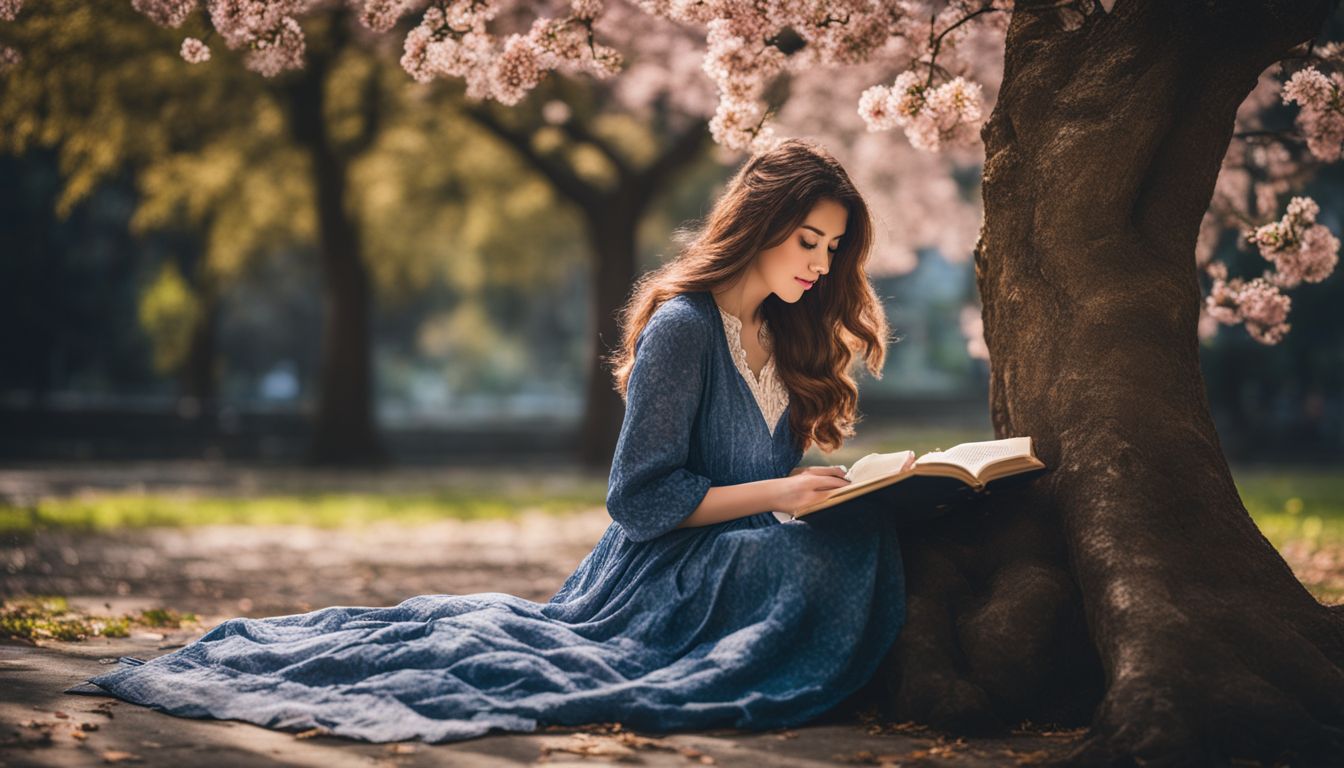 A young woman engrossed in reading under a blooming tree in a bustling courtyard.