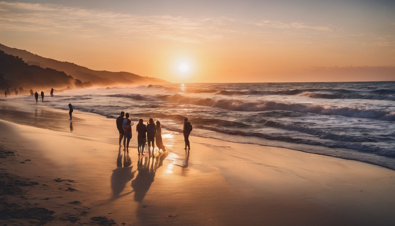 A diverse group of friends enjoying a stunning sunset on the beach.