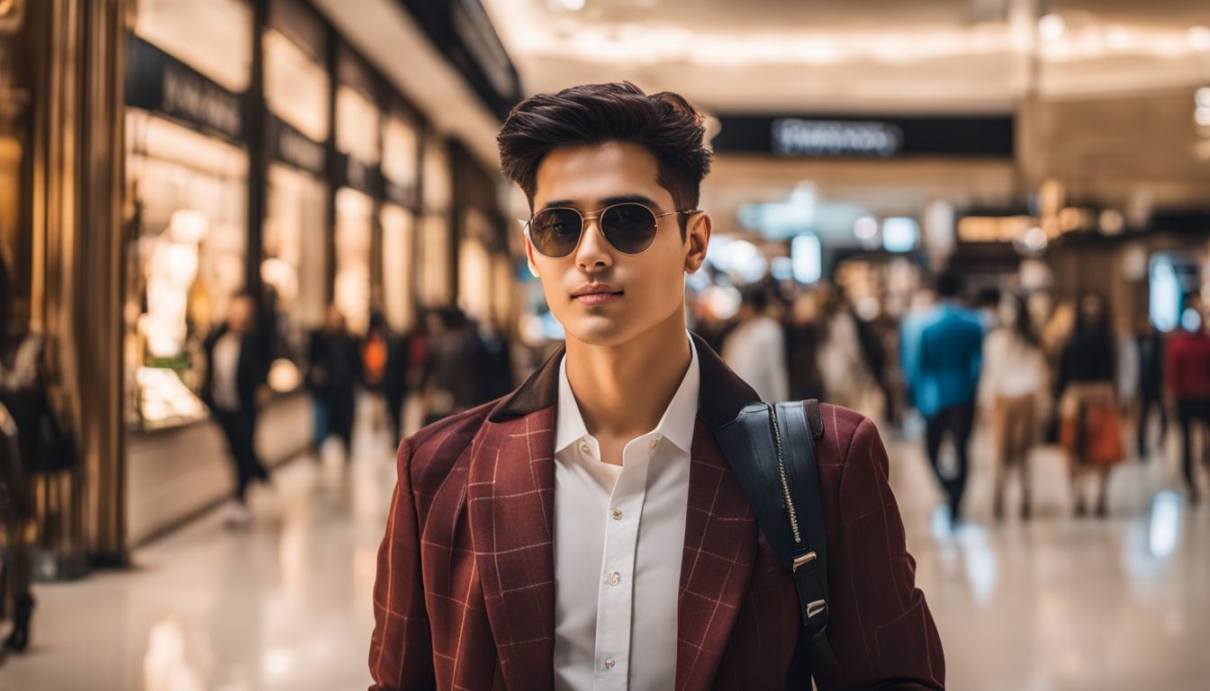 The photo captures Simanto Sombhar in a busy shopping mall surrounded by luxury stores and diverse individuals.
