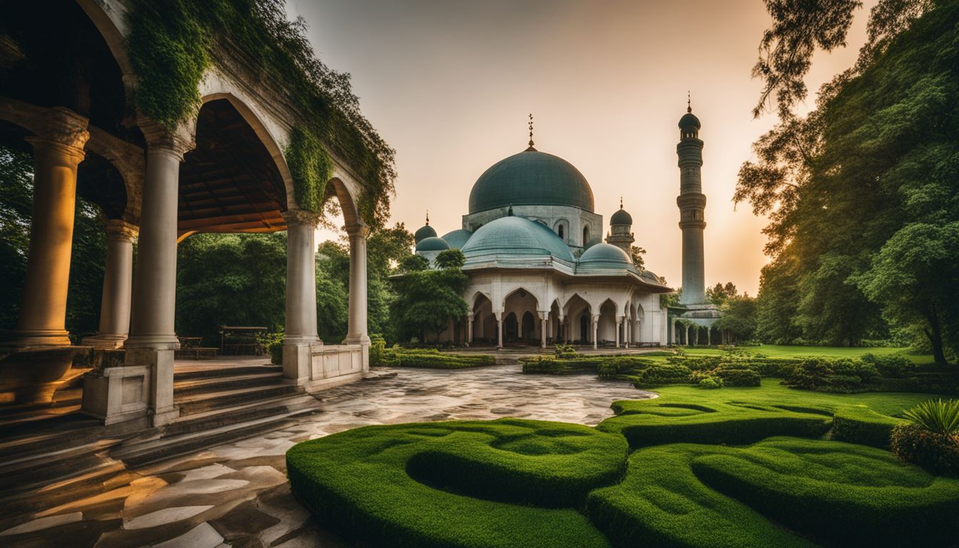 The photo is of the Sixty Dome Mosque surrounded by gardens and featuring a diverse group of people.