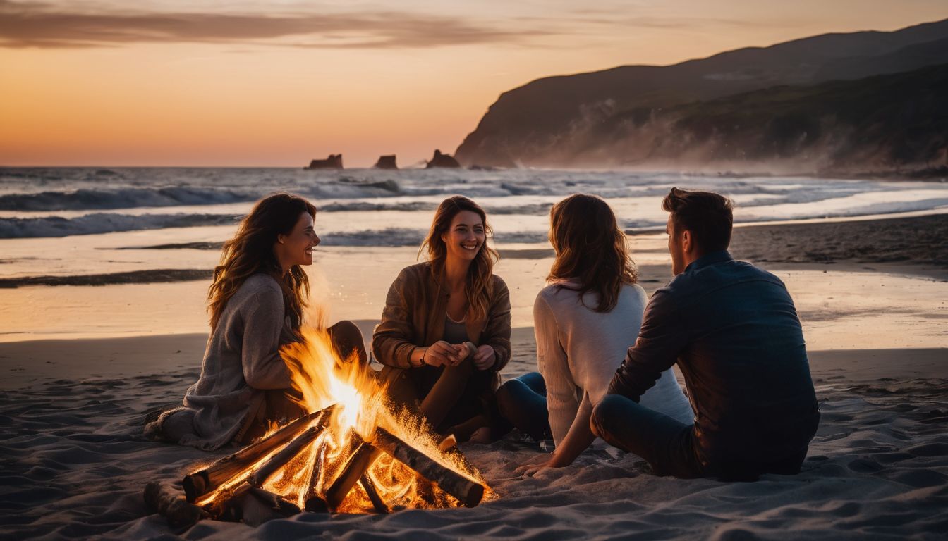 A diverse group of friends gather around a bonfire on Sonadia Beach and enjoy the sunset.