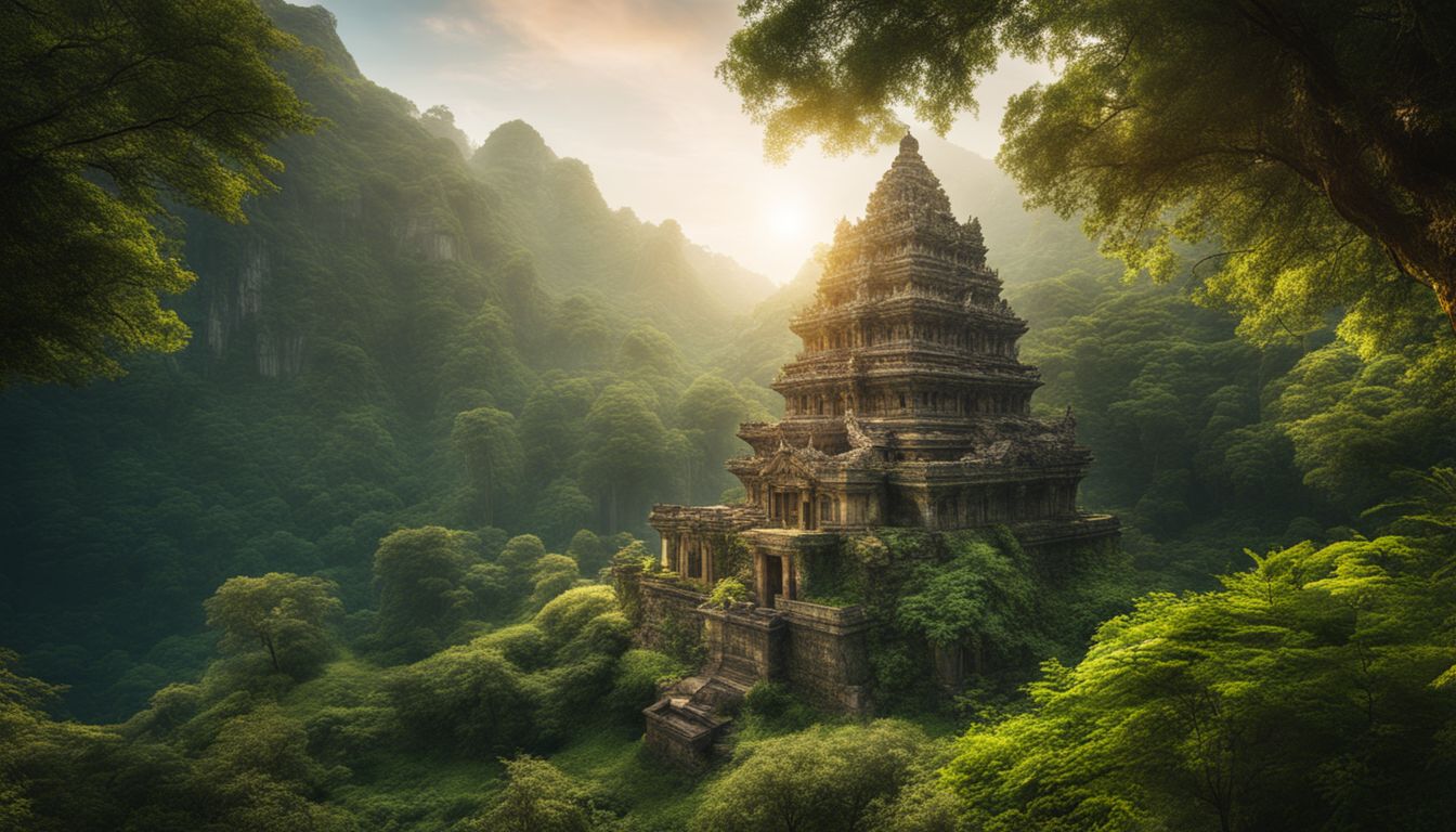 An ancient temple surrounded by lush greenery in a bustling atmosphere, captured with precision and clarity.