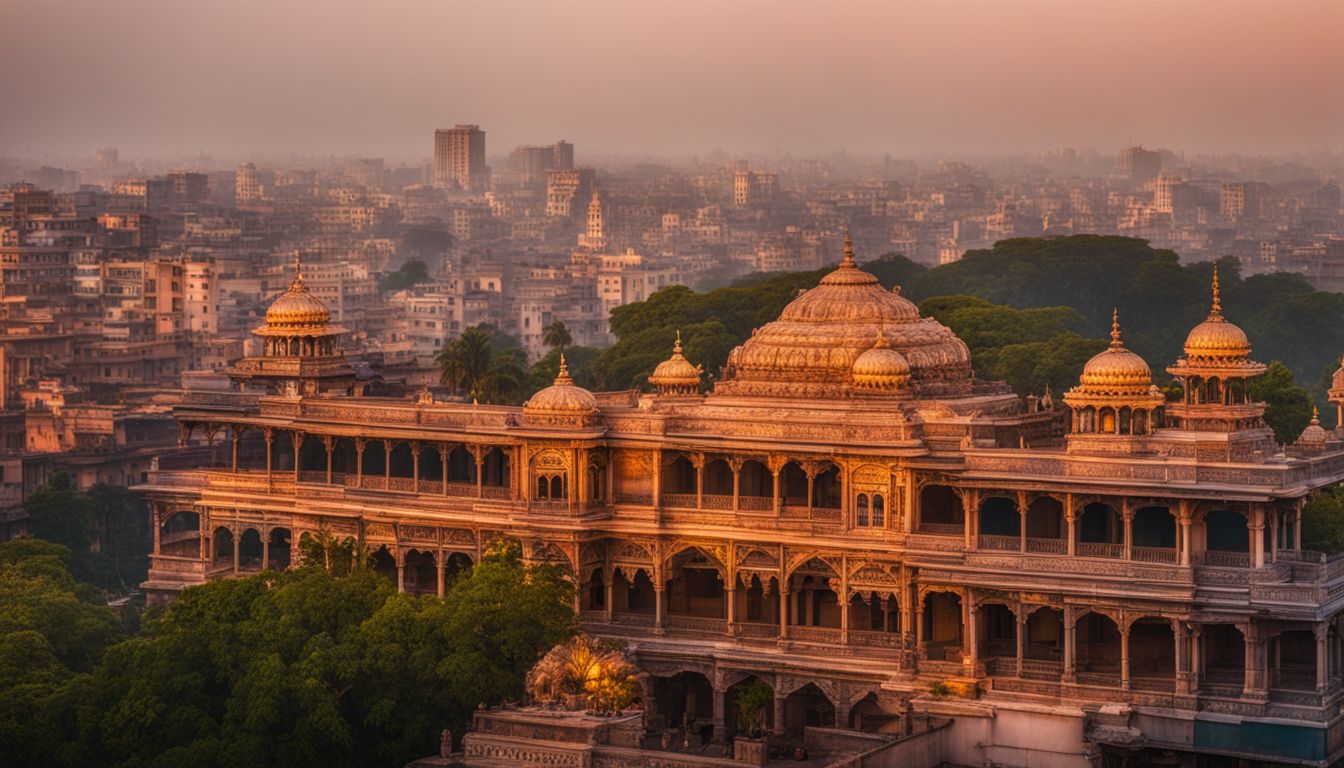 A photo of Panam Nagar's ornate architecture illuminated by the setting sun, capturing its bustling atmosphere and unique charm.