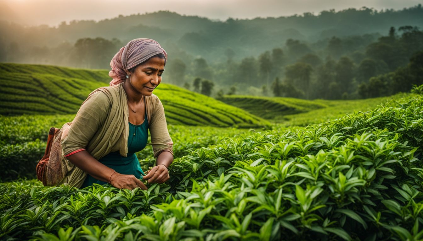 A tea picker in Sreemangal surrounded by lush green tea gardens in a bustling atmosphere.