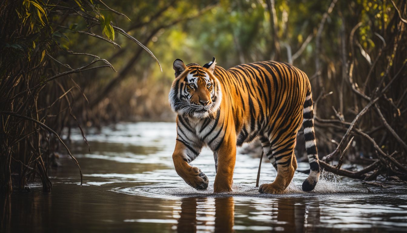 A Bengal tiger walking through a dense mangrove forest in a wildlife photography scene with various individuals and outfits.