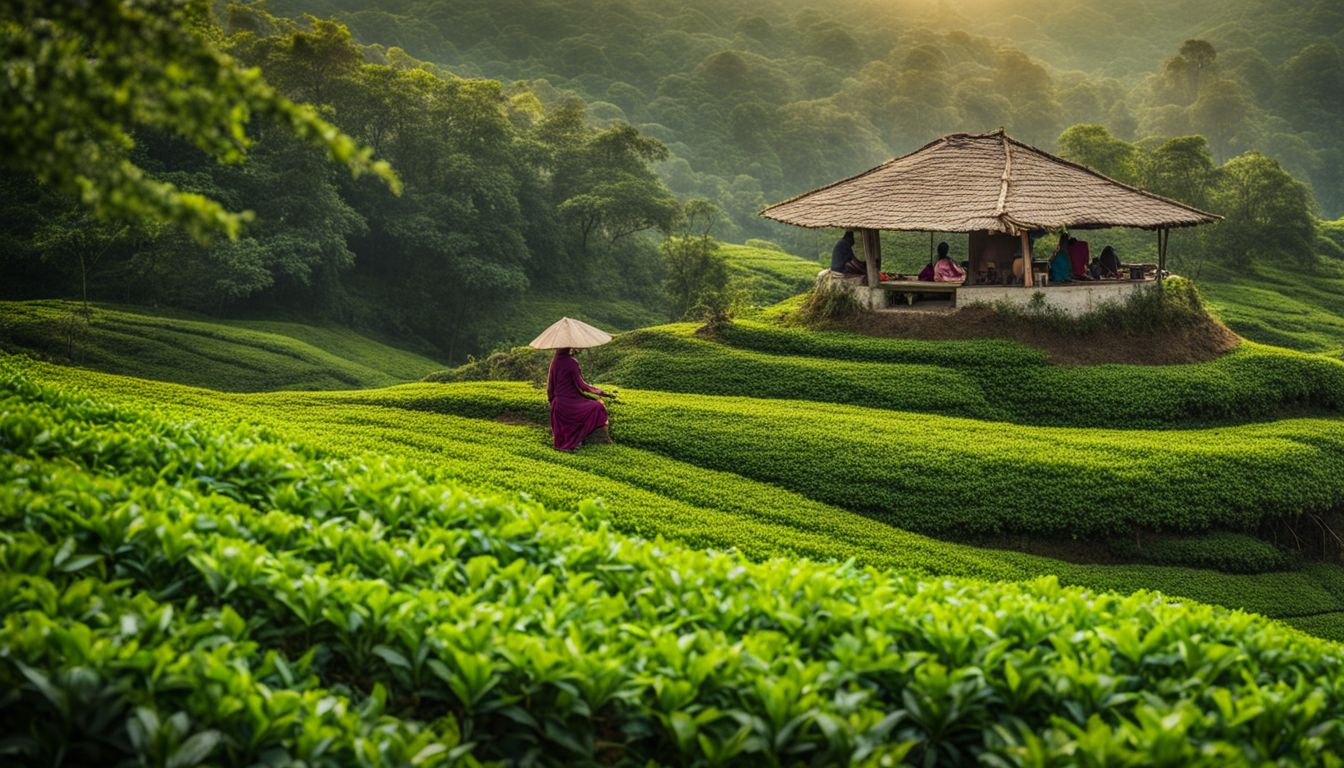 A picturesque tea garden in Sylhet City with rolling hills and vibrant greenery, capturing the bustling atmosphere.