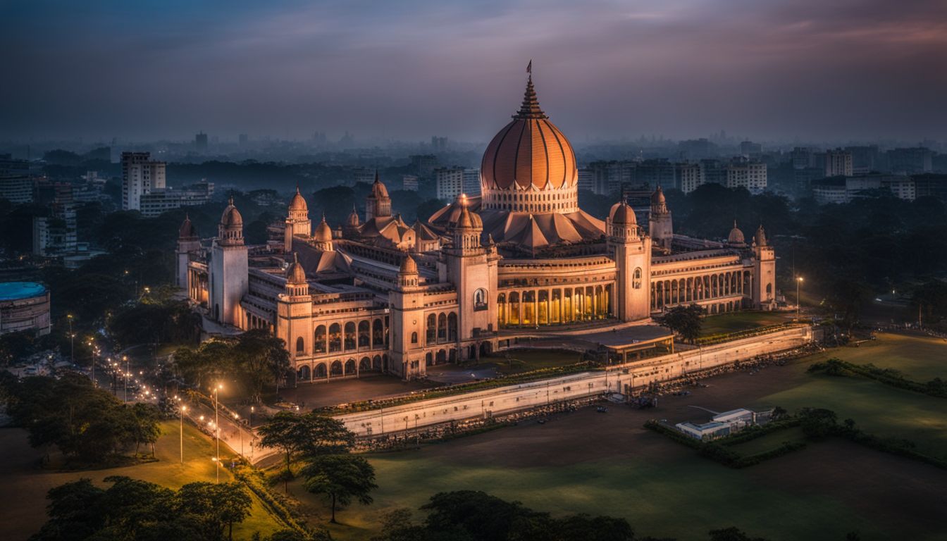 A photo of the Parliament Building in Bangladesh at dusk, capturing the vibrant cityscape and bustling atmosphere.