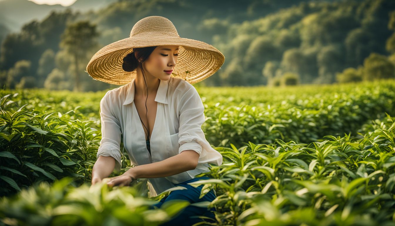 A woman in a straw hat picking tea leaves in a vibrant tea garden.