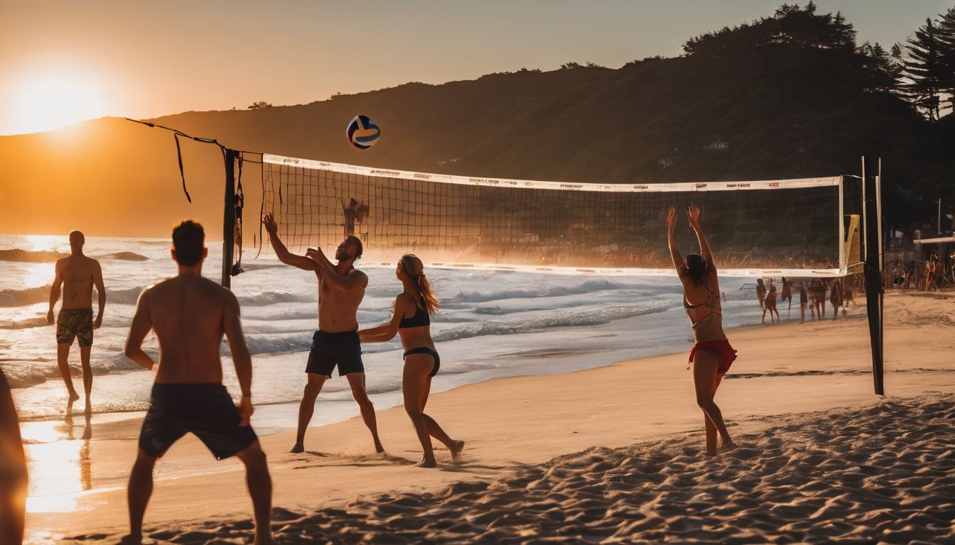 A diverse group of friends enjoy playing beach volleyball at sunset on Teknaf Beach.