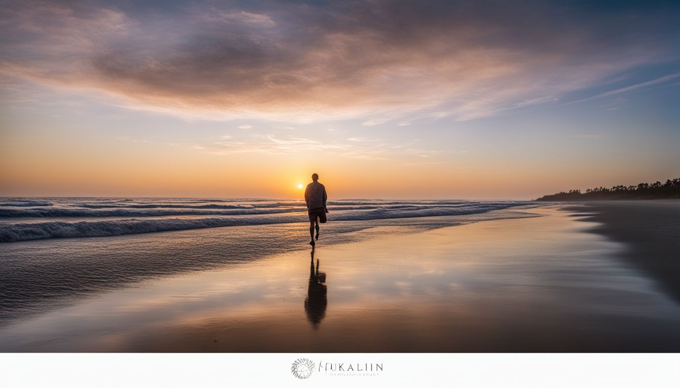 A lone figure walking along the sandy shores of Kuakata Sea Beach at sunrise.