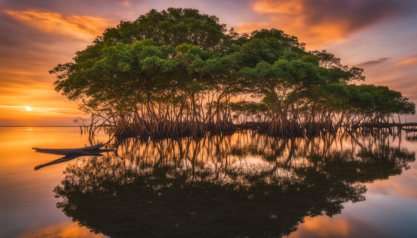 A picturesque image of the reflection of Mangrove trees in calm water at sunset.