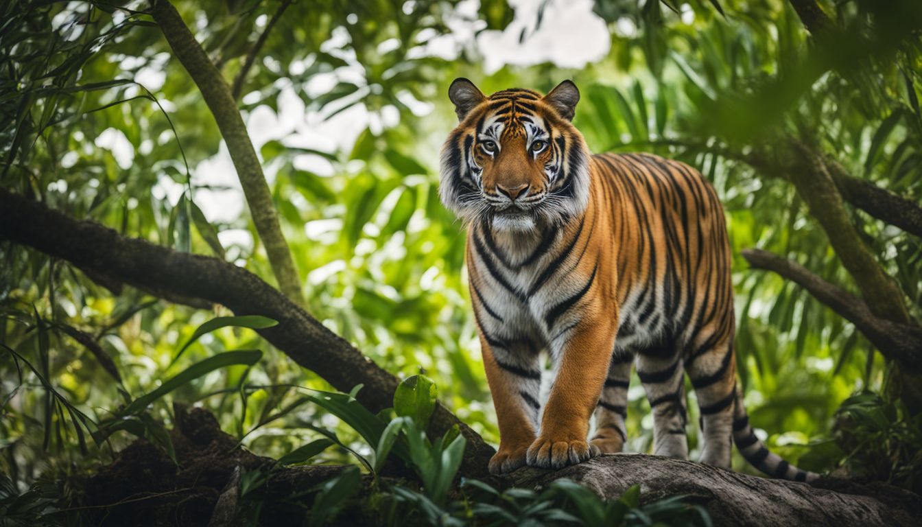The image depicts a Bengal tiger standing in a vibrant mangrove forest, captured in stunning detail.
