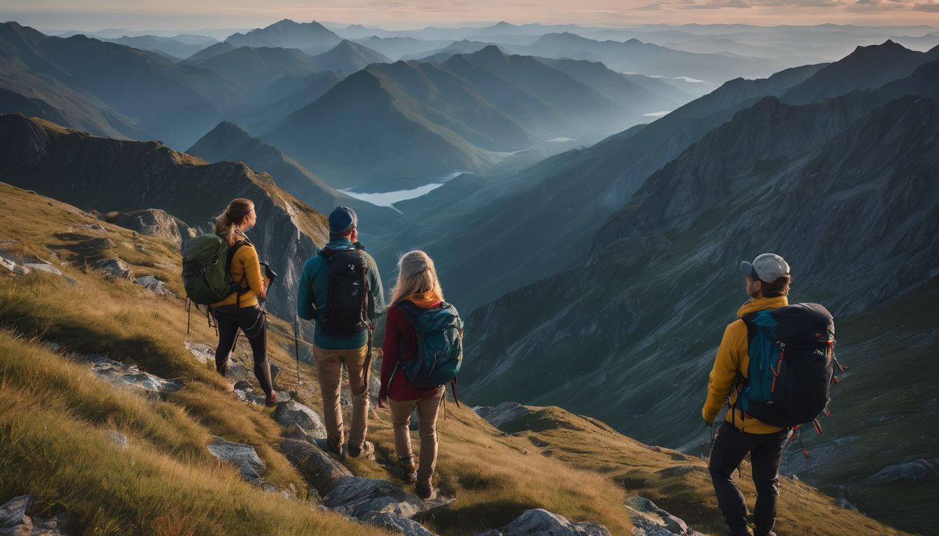 A diverse group of hikers enjoying a breathtaking mountaintop view in a bustling atmosphere.