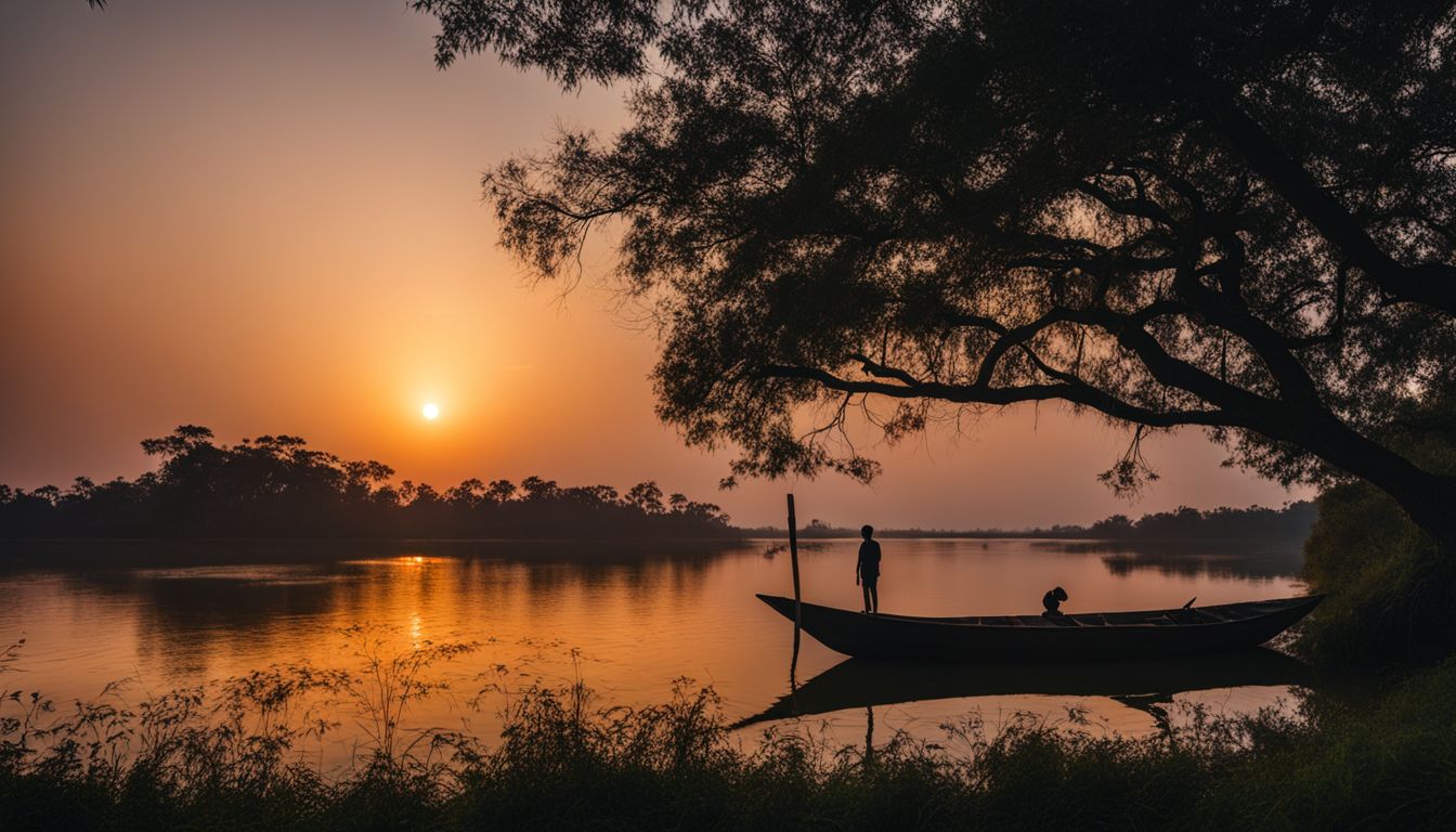 A person appreciating the beautiful sunset over the Sundarbans in a bustling atmosphere.