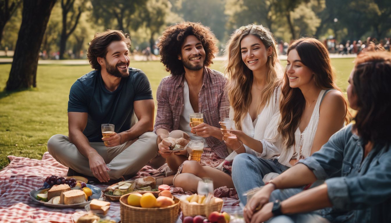 A group of diverse friends enjoying a picnic in a scenic park.