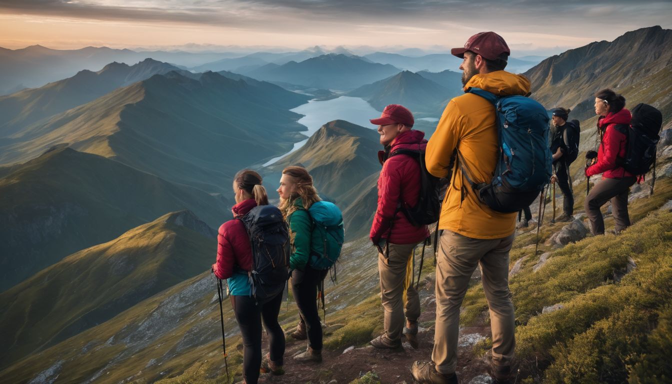 A diverse group of hikers on a mountaintop surrounded by stunning panoramic views.
