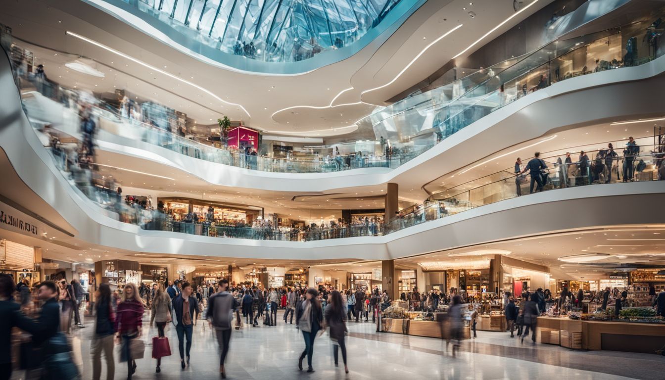 A vibrant photo capturing a crowded modern shopping mall with diverse shoppers and bustling energy.