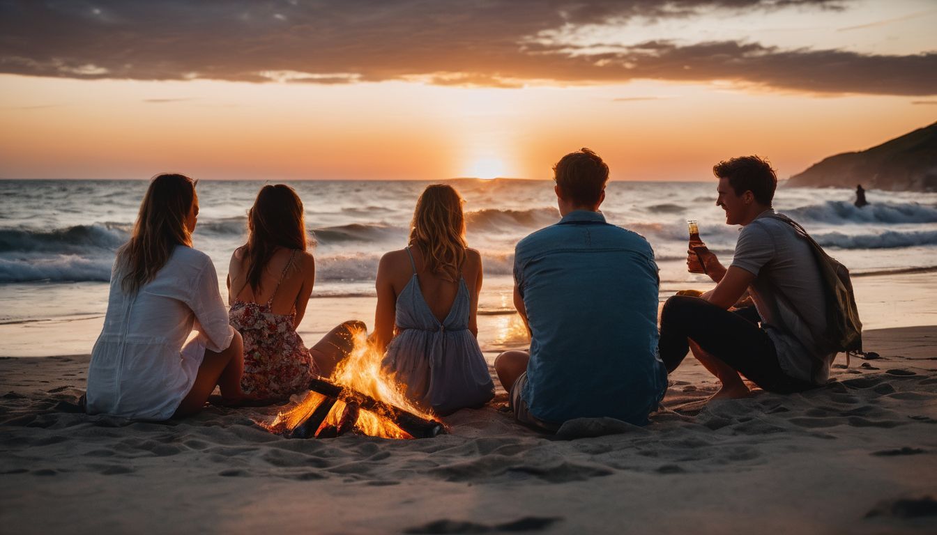 A diverse group of friends gathers around a beach bonfire at sunset.