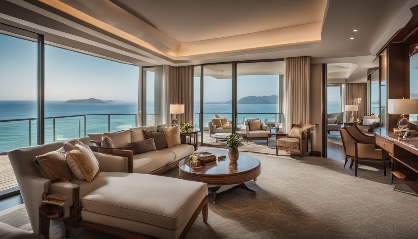 A stunning hotel suite with ocean views featuring diverse individuals in stylish outfits.