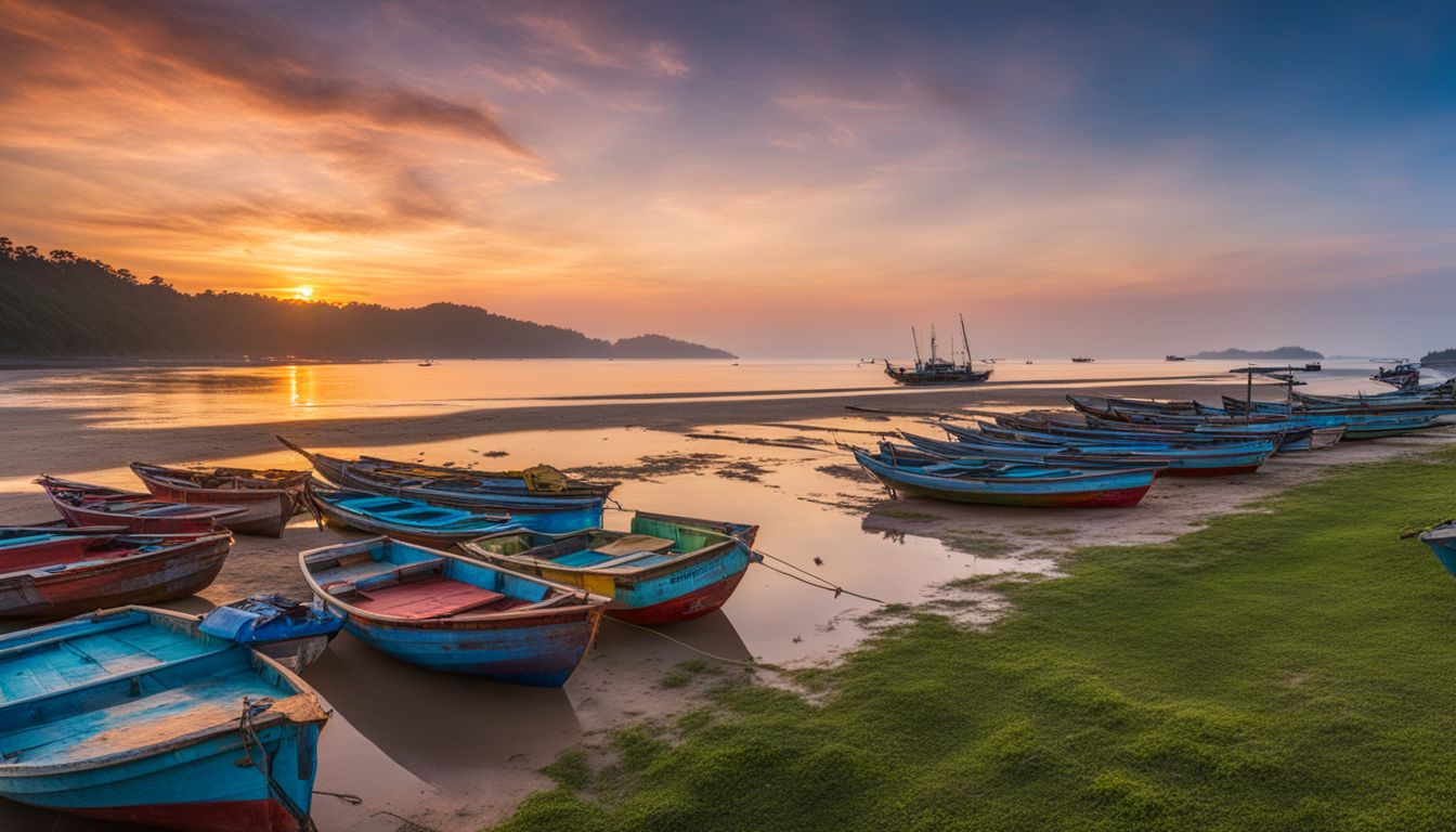A vibrant and picturesque beach at sunrise with colorful fishing boats and a bustling atmosphere.