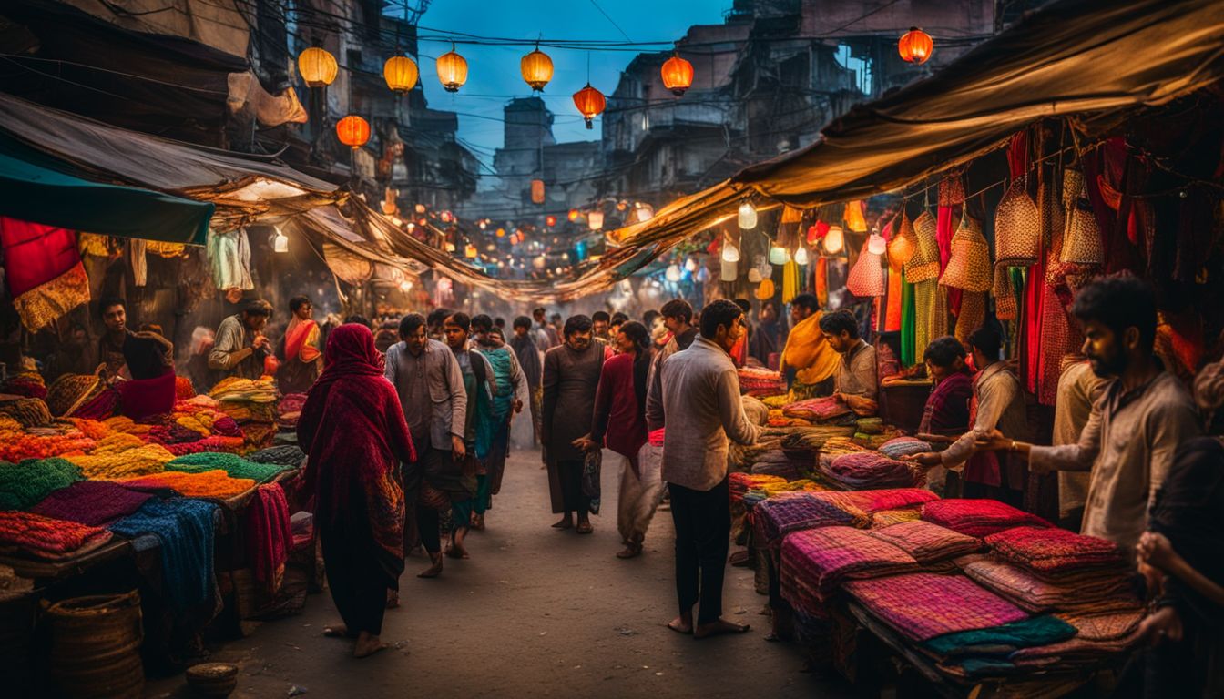 A busy street market in Old Dhaka featuring colorful textiles, vibrant food stalls, and a diverse crowd.