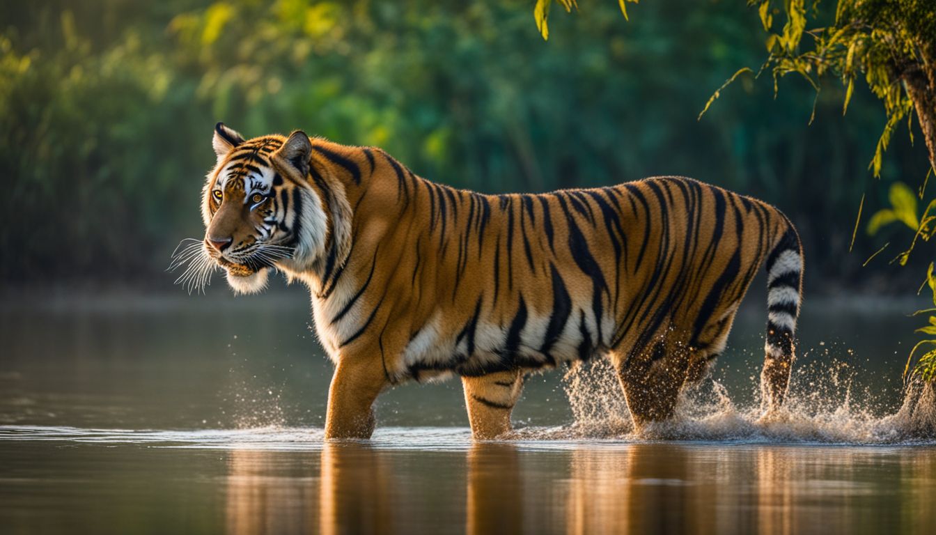 A photograph of a Bengal tiger roaming in the Sundarbans, captured in stunning detail and clarity.