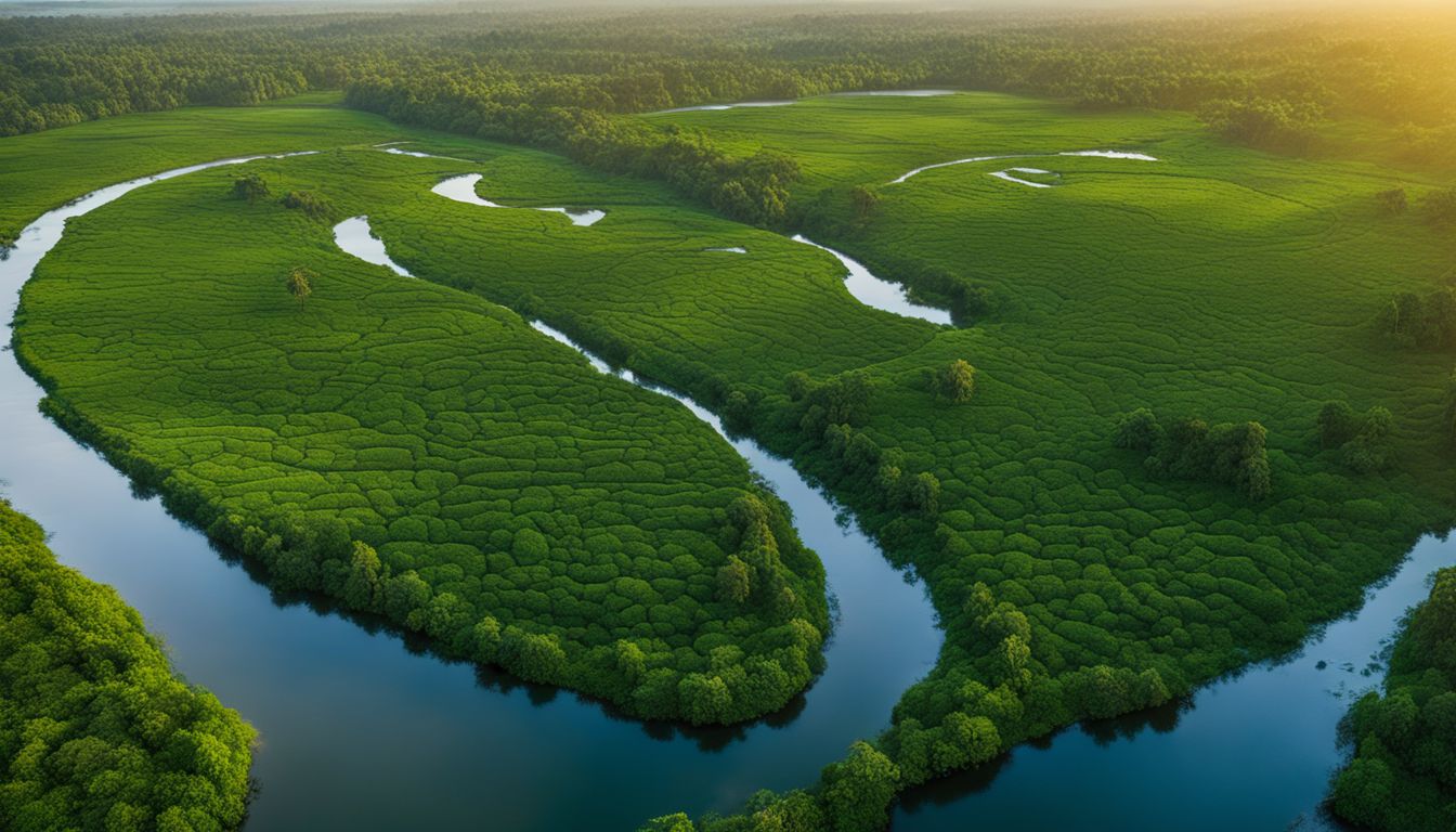 Aerial photograph of Ratargul Swamp Forest showcasing its lush greenery and winding channels.