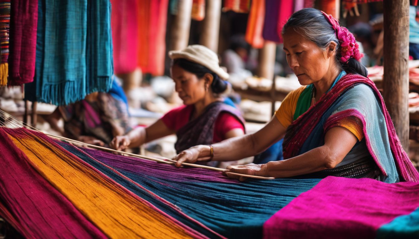 Artisans in Kuakata showcase their vibrant culture by weaving colorful textiles in a bustling marketplace.