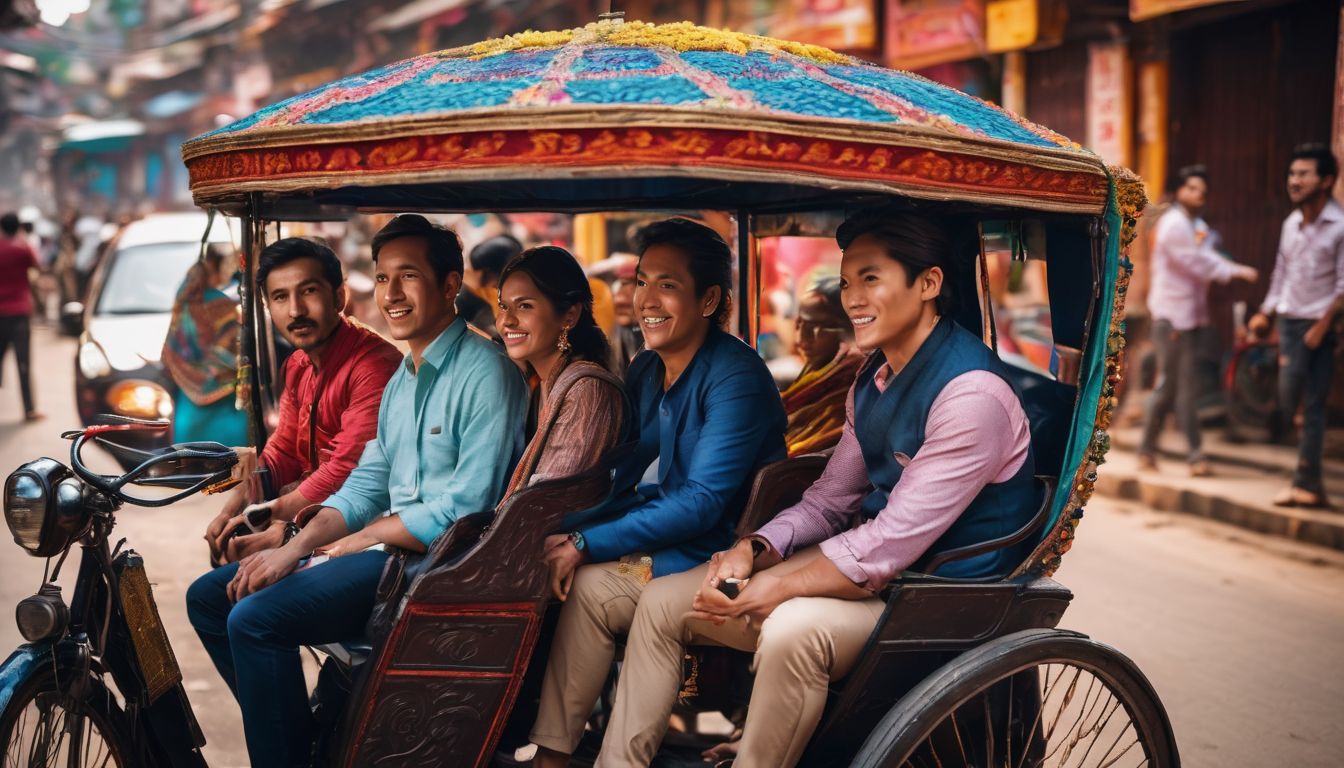 A diverse group of travelers rides in a colorful rickshaw, capturing the essence of local transportation options.