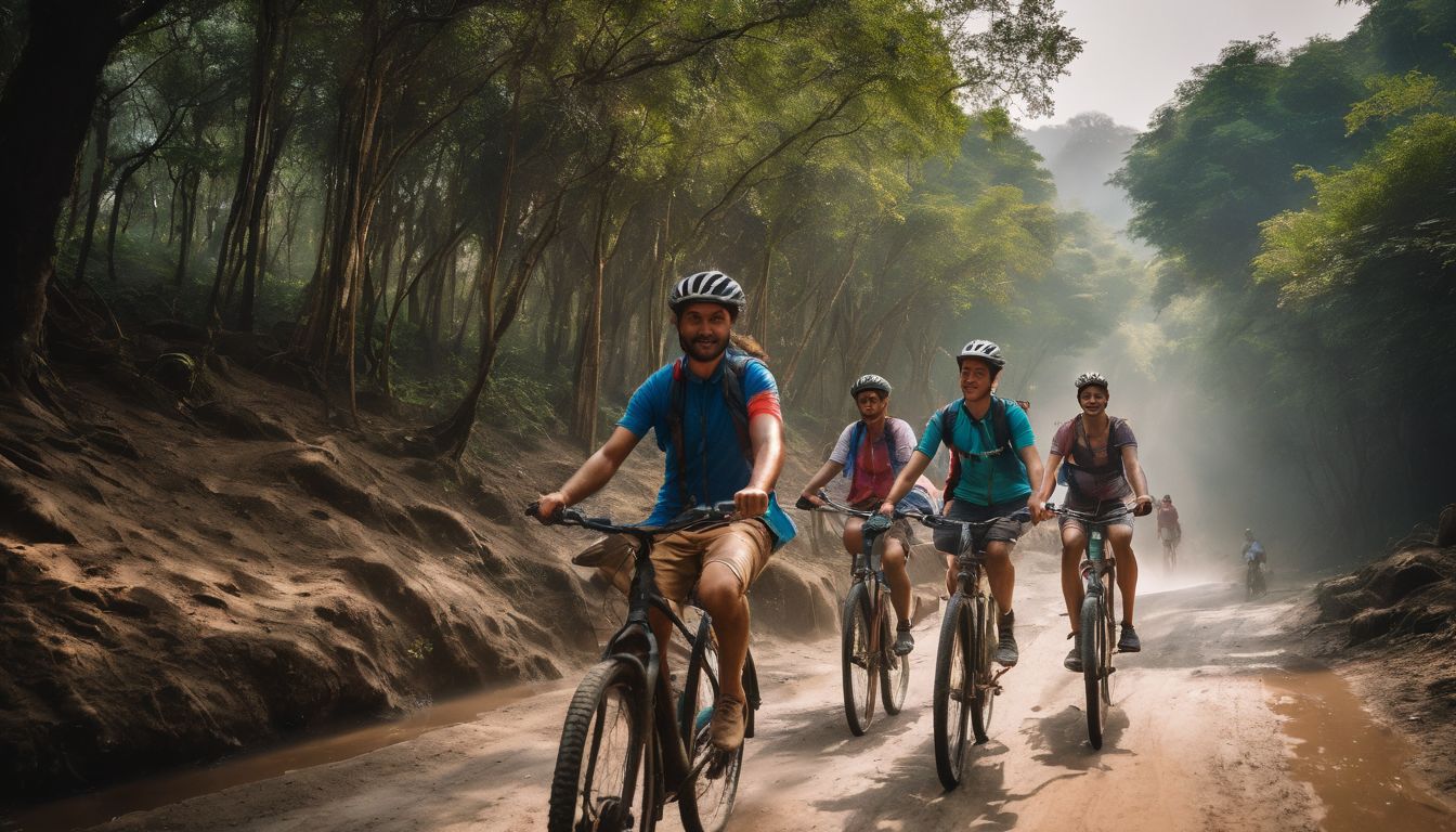 A group of friends enjoy a scenic bike ride through Sreemangal's landscapes.