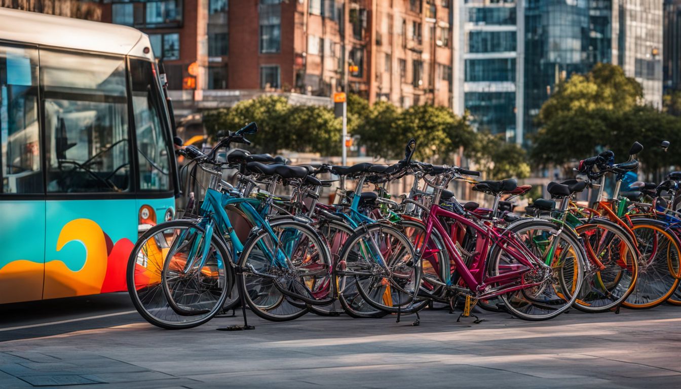A vibrant row of bicycles parked in front of a bus stop in a bustling cityscape.