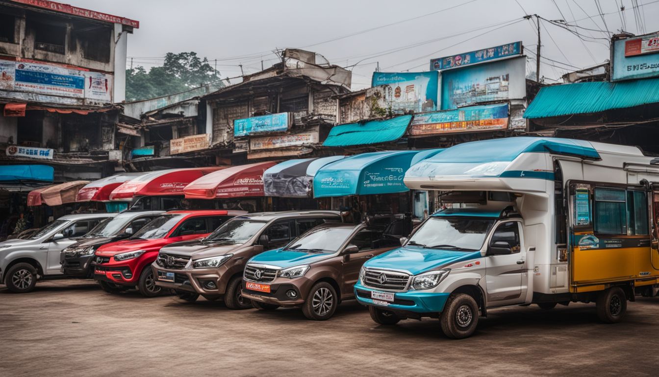 A fleet of modern vehicles parked in front of the Khagrachari Travel Agency, creating a bustling atmosphere.