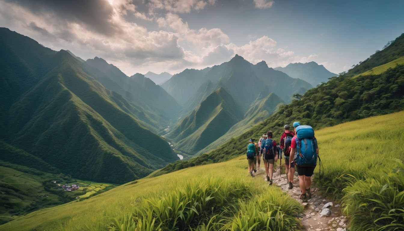 A diverse group of tourists hiking in the scenic Sajek Valley surrounded by lush mountains.