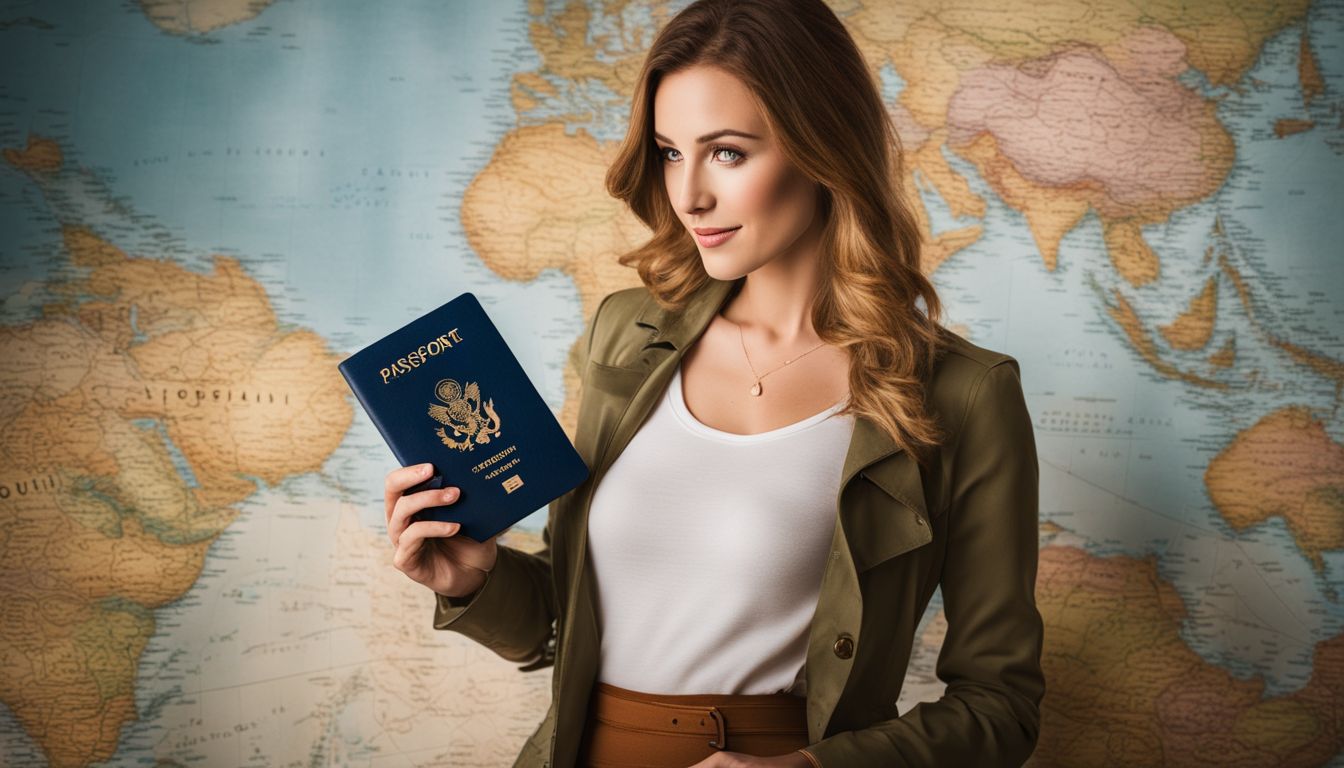 A woman is shown at a travel agency, holding a passport and plane ticket in front of a world map.
