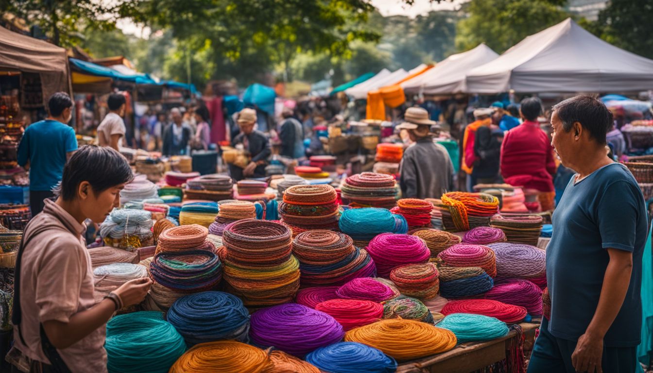 A vibrant outdoor market filled with colorful handicrafts and bustling vendors.