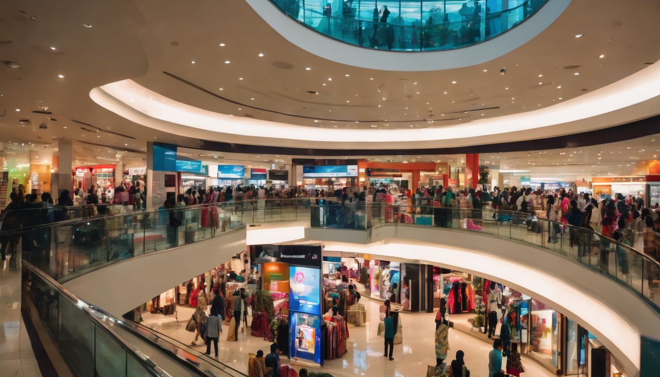 A bustling and diverse shopping scene in Dhaka City's top-rated mall, captured in a highly detailed and vibrant photograph.