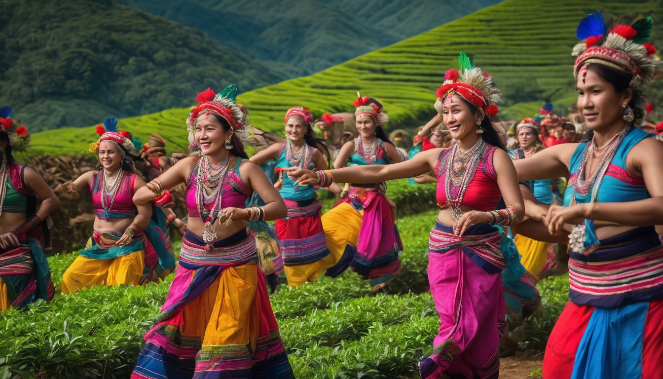 A group of tribal villagers in vibrant attire performing a traditional dance in a lush tea plantation.