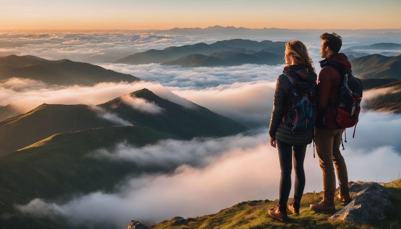 A couple stands on a hilltop overlooking clouds in a bustling atmosphere, capturing a breathtaking landscape photograph.