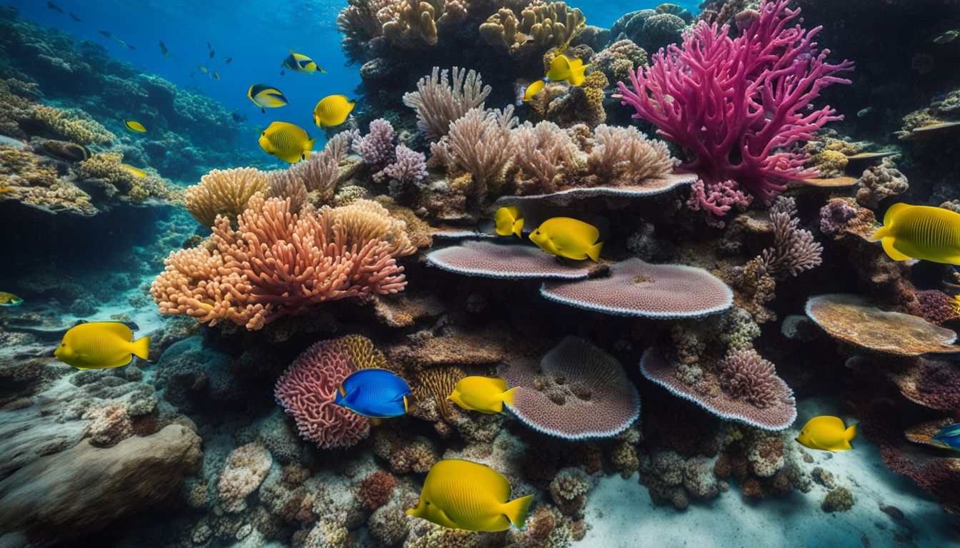 A vibrant coral reef filled with diverse marine life, captured in stunning detail and clarity.