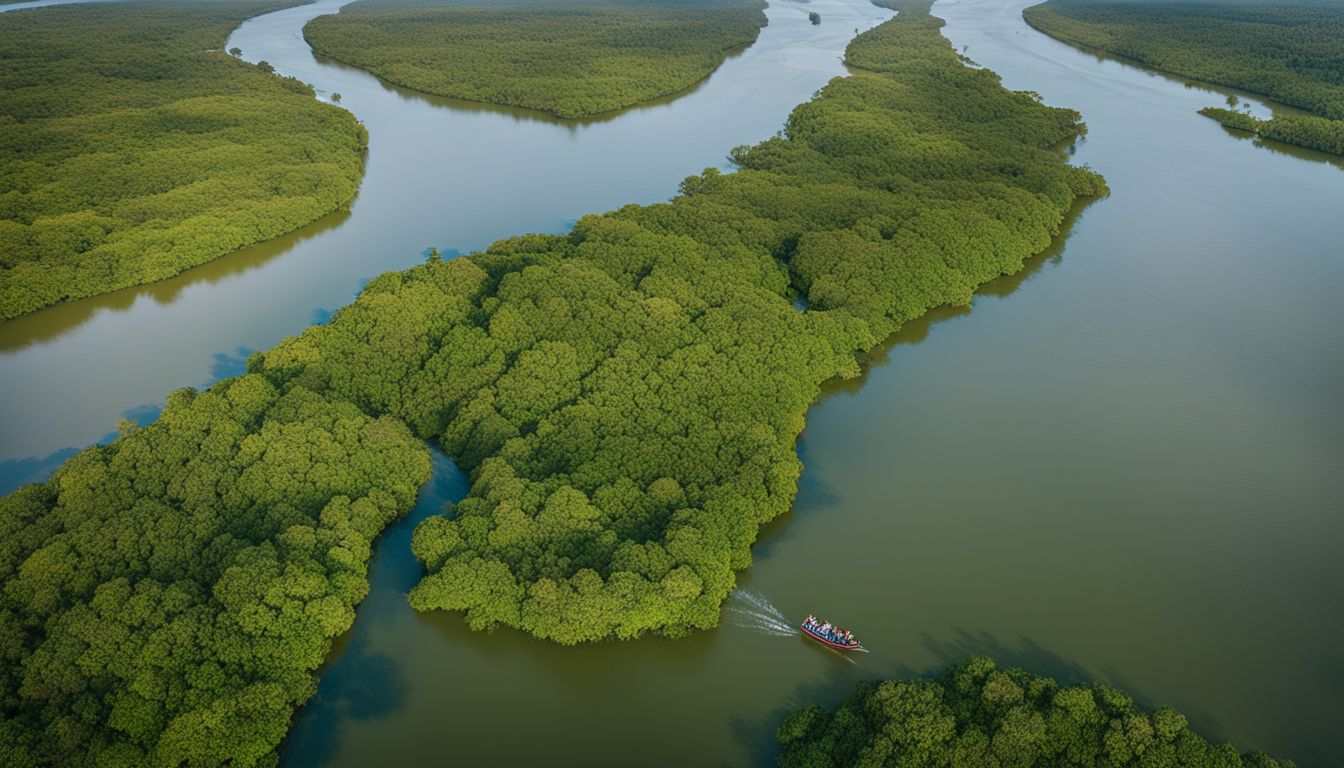A photo of a boat cruising through the vibrant Ratargul Swamp Forest, capturing the bustling atmosphere and natural beauty.