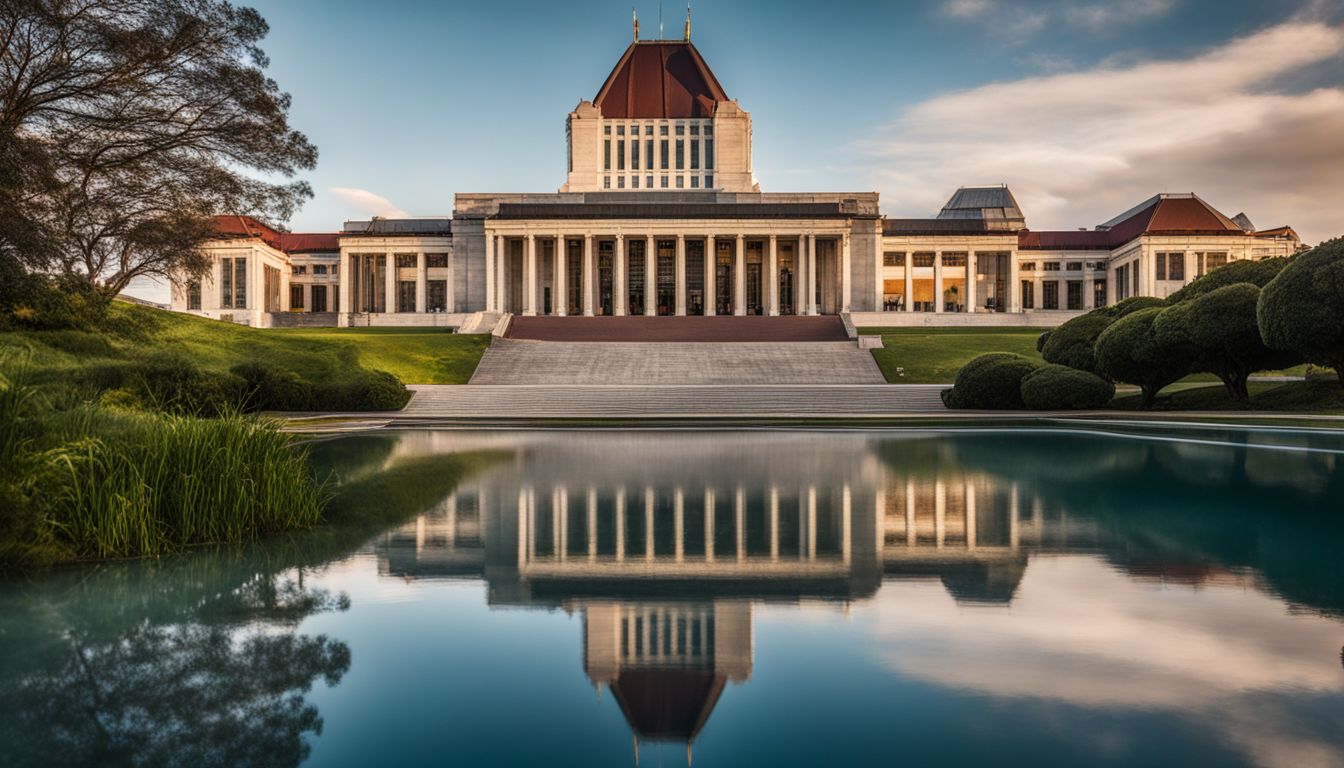 A photo of the National Parliament House surrounded by diverse individuals in various outfits, reflecting in a serene pool.