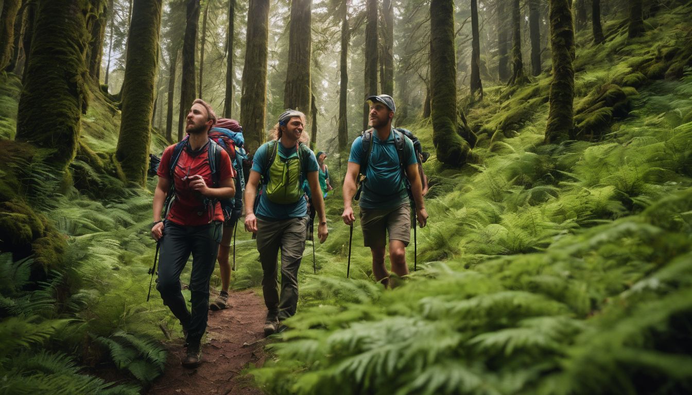A diverse group of hikers exploring a lush green forest in outdoor gear.